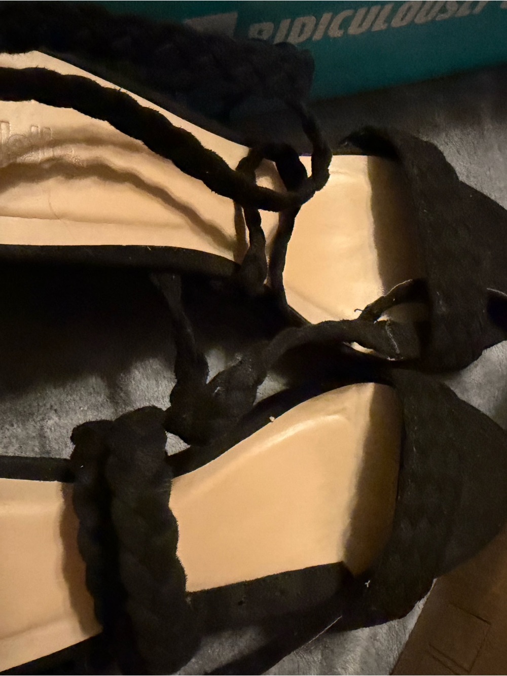 Charlotte Russe Black Braided Lace-Up Flats with Tan Insole